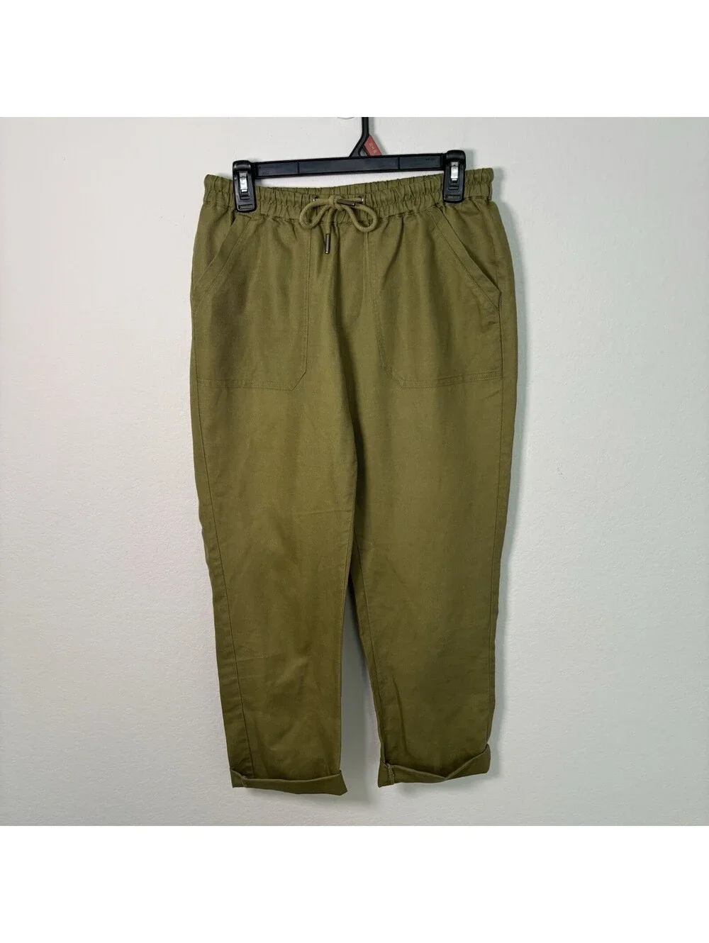 Quince Women’s Linen Cotton Blend Cropped Olive Green Pull On Pants Size Small